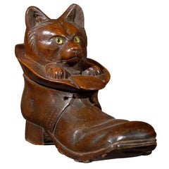 German Black Forest Carved Wood Cat in Boot inkwell from the Early 1900s