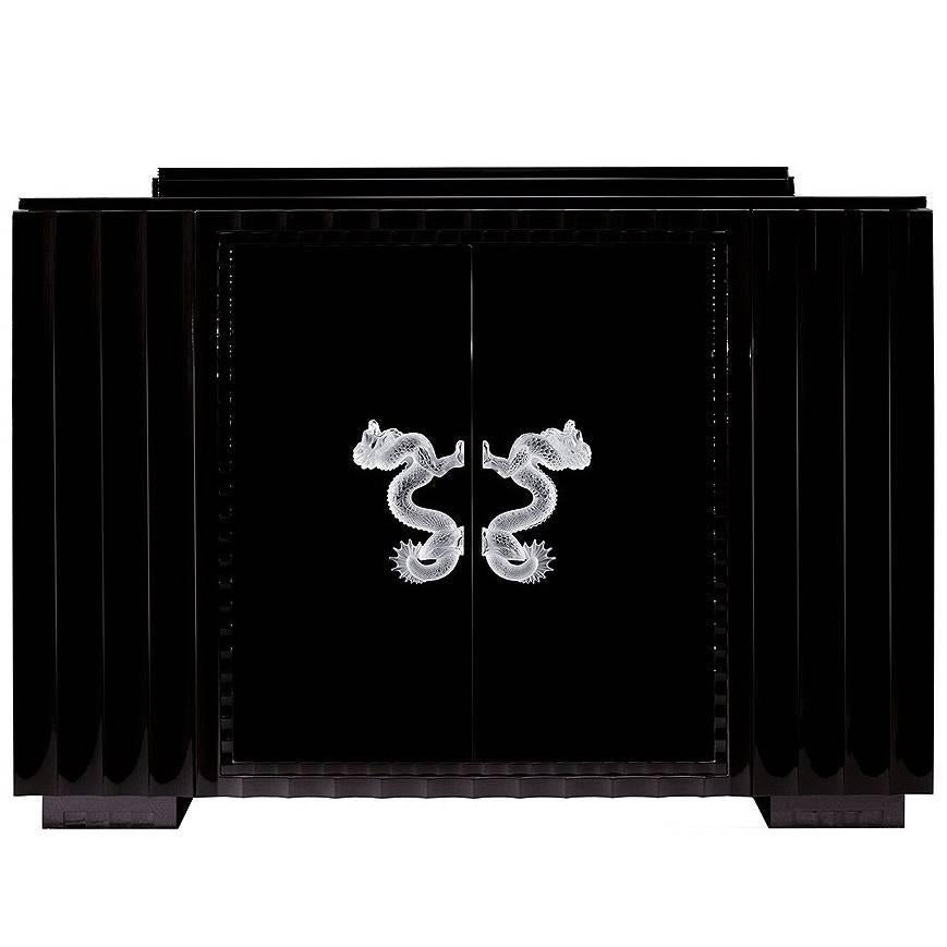 Lalique Lacquered Dragon Bar with Crystal Door Handles For Sale