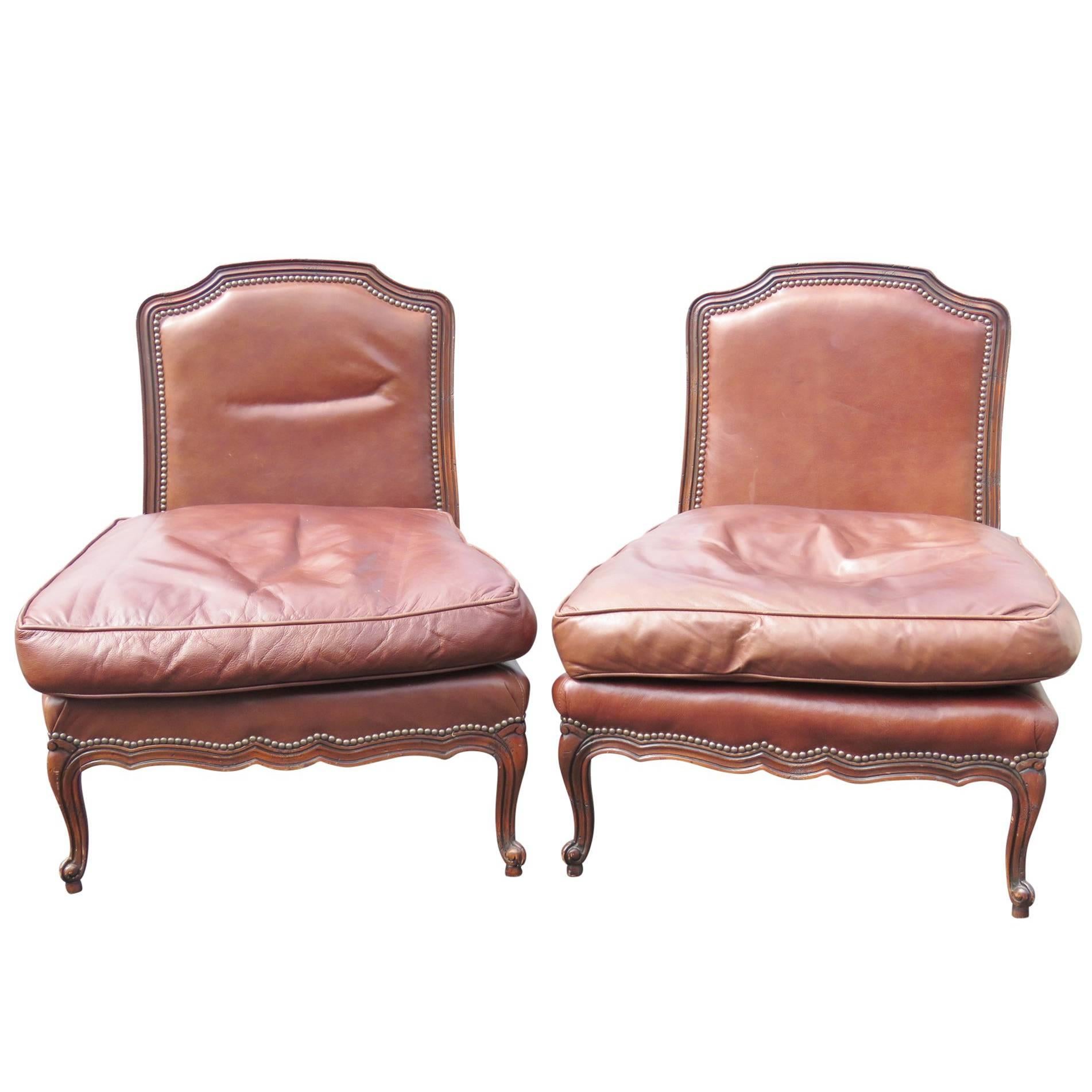 Pair of Old Hickory Brown Leather Slipper Chairs