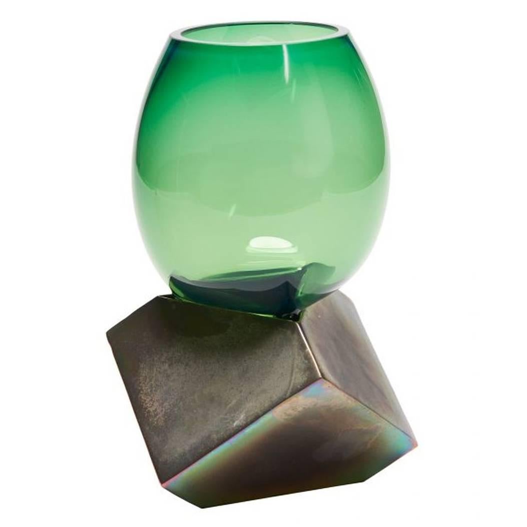 Artisanal Glass Vase on Bronze Base For Sale