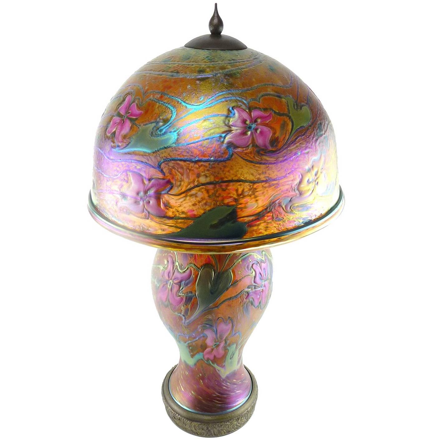 Charles Lotton Contemporary Studio Art Blown Glass Orange Pink Table Lamp For Sale