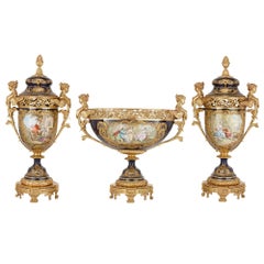 Three-Piece Antique Sèvres Style Porcelain and Ormolu Garniture