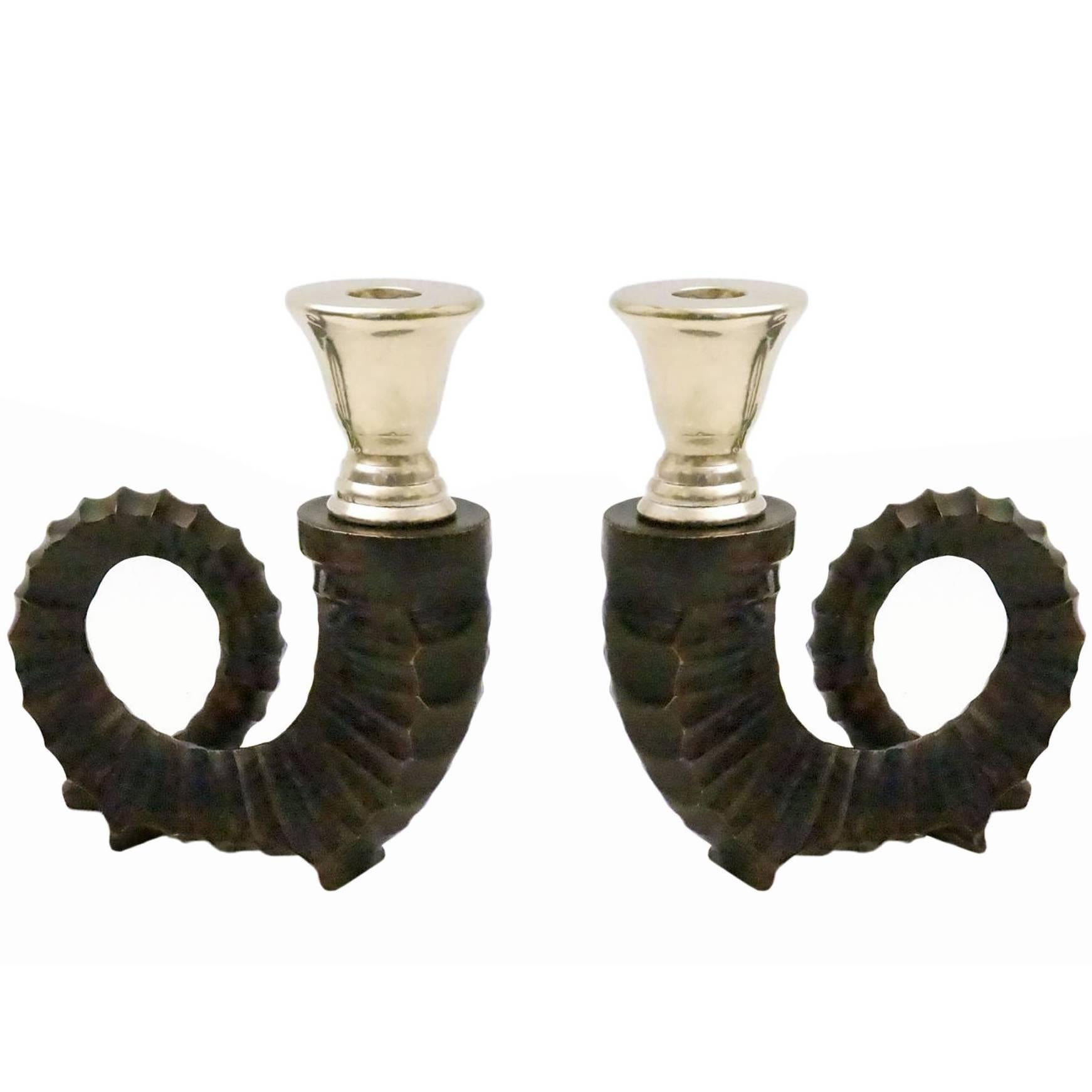 Pair of Cast Bronze Ram's Horn Candle Holders, France, 1940s For Sale
