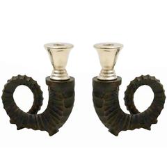 Pair of Cast Bronze Ram's Horn Candle Holders, France, 1940s