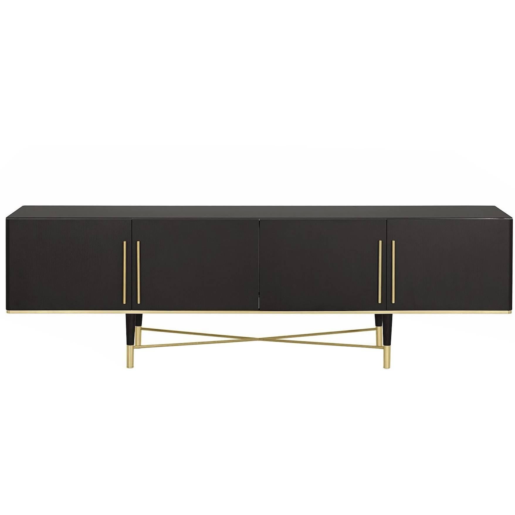 Gallotti and Radice Tama Crédence Cabinet in Black Lacquered Ash and Satin Brass For Sale