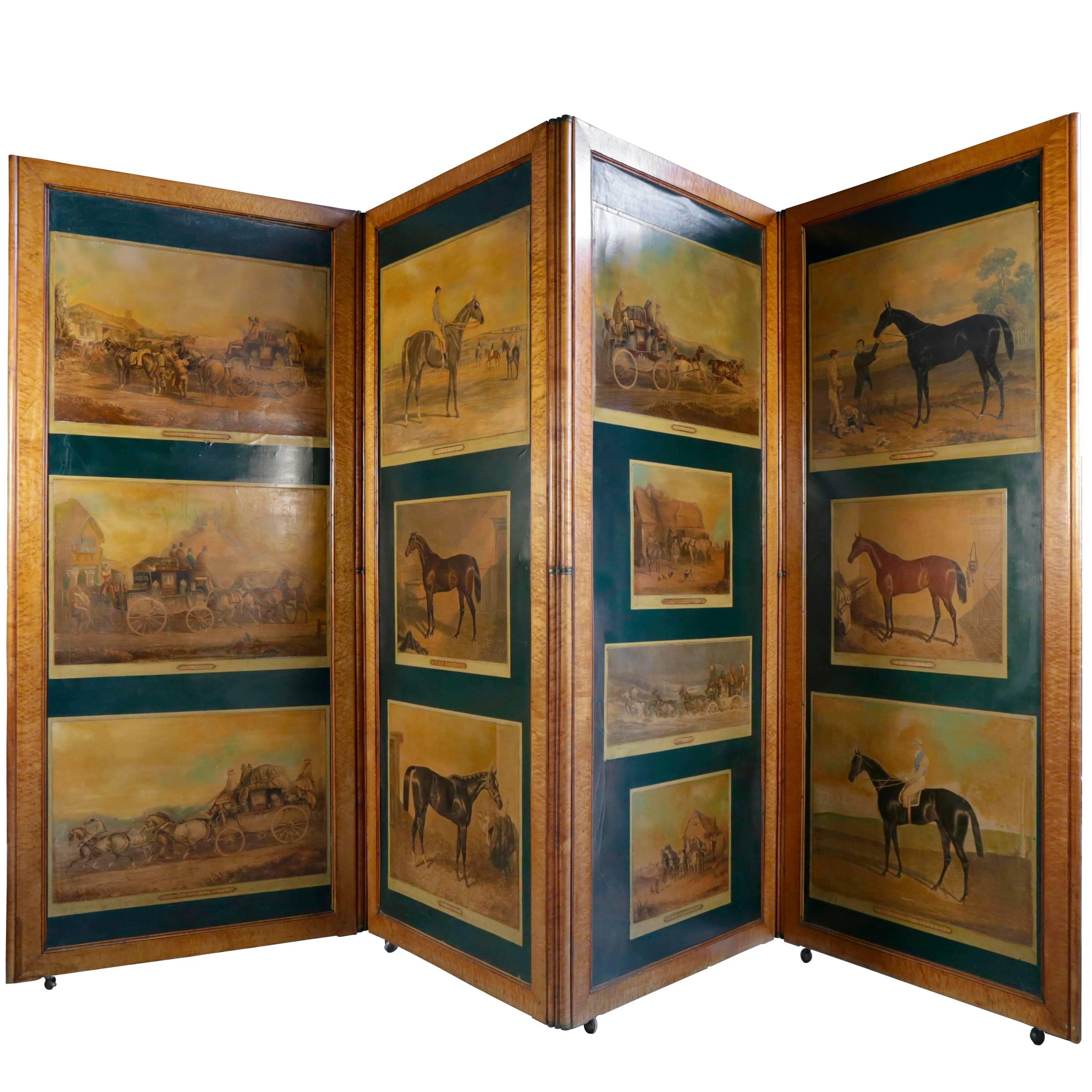 Rare English Four-Panel Hinged Screen with Decoupaged Coaching Scenes For Sale