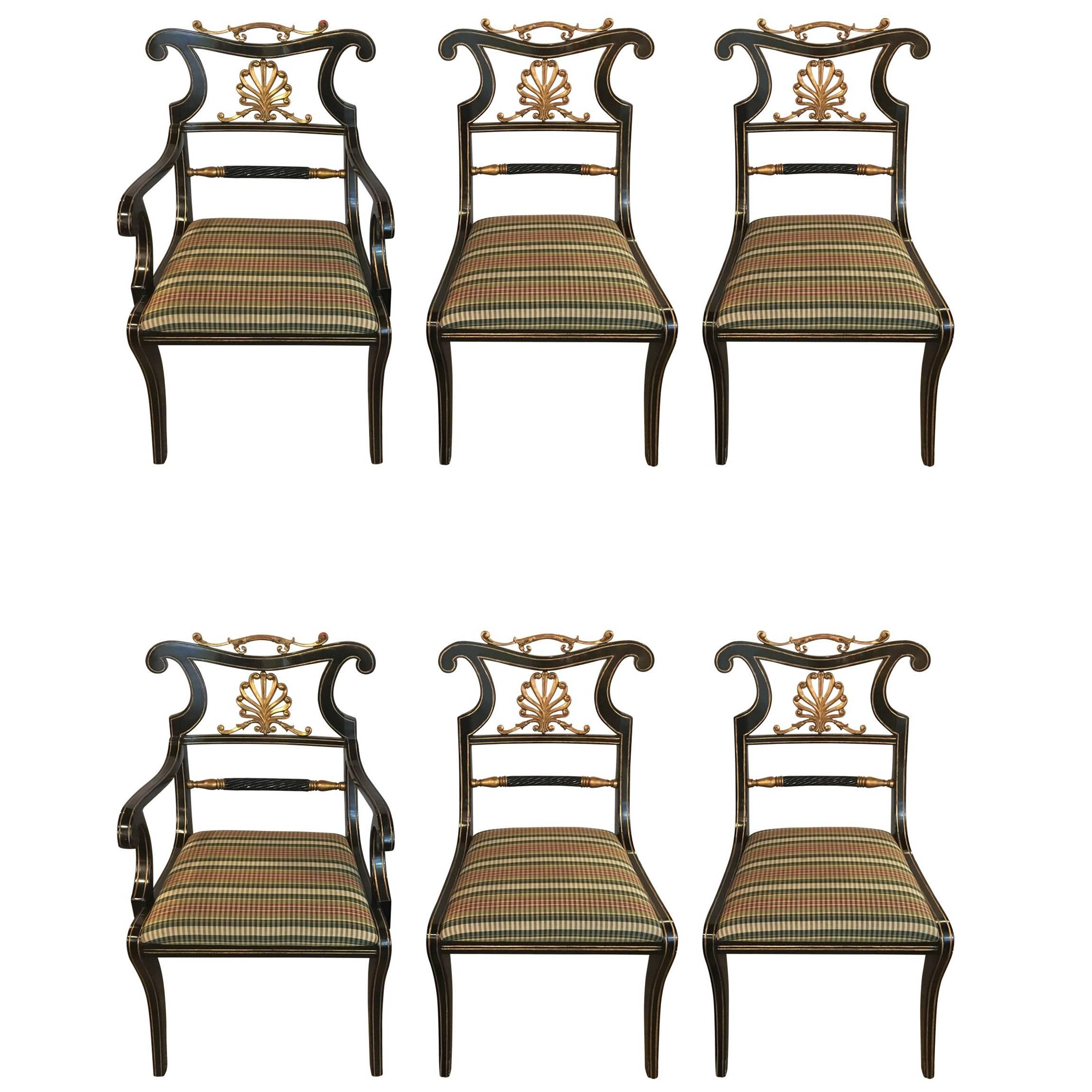 Set of Six Neoclassical Style Ebonized and Brass Mounted Dining Chairs Jansen