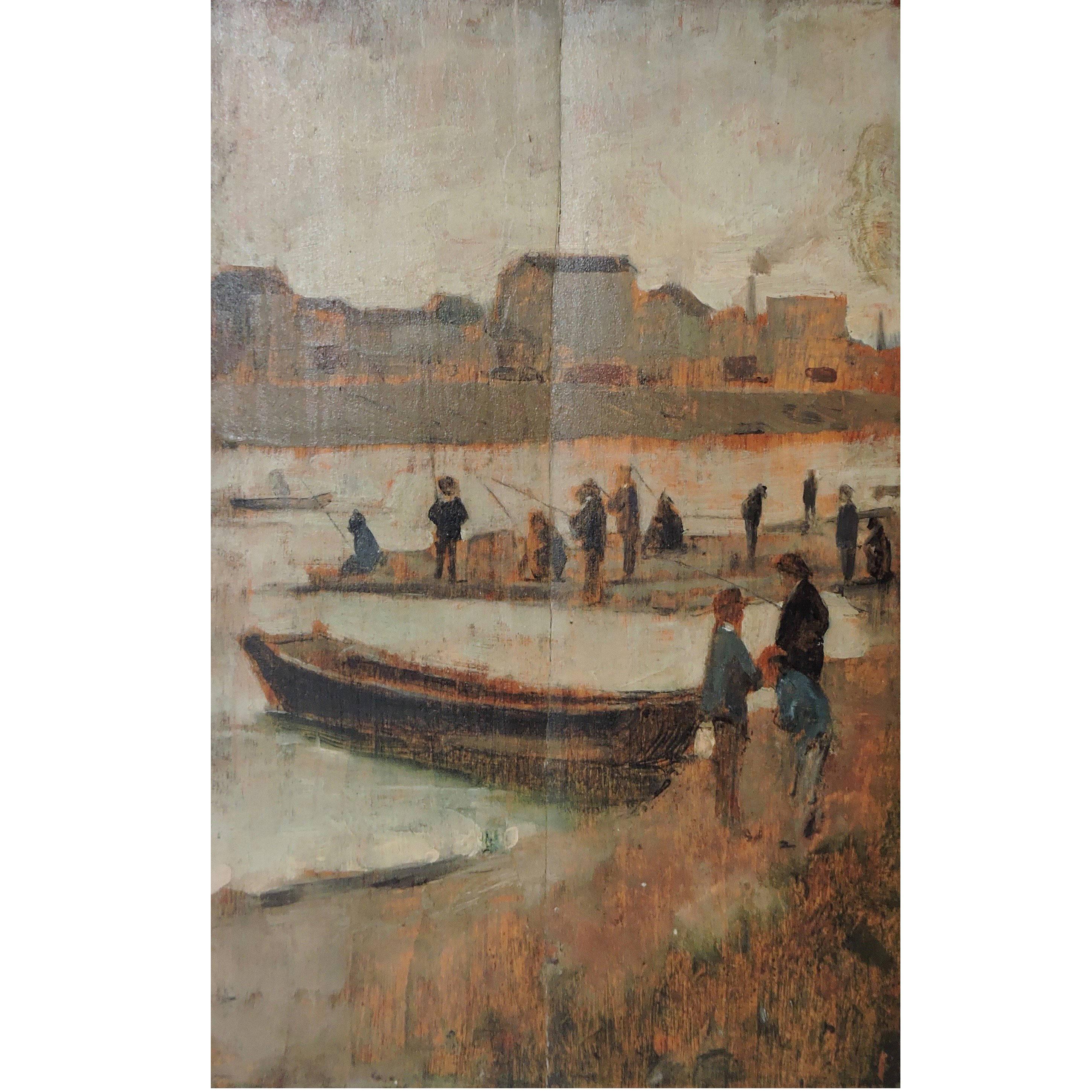 Pêcheurs à La Ligne, Oil on Wood Panel Attributed to Pierre