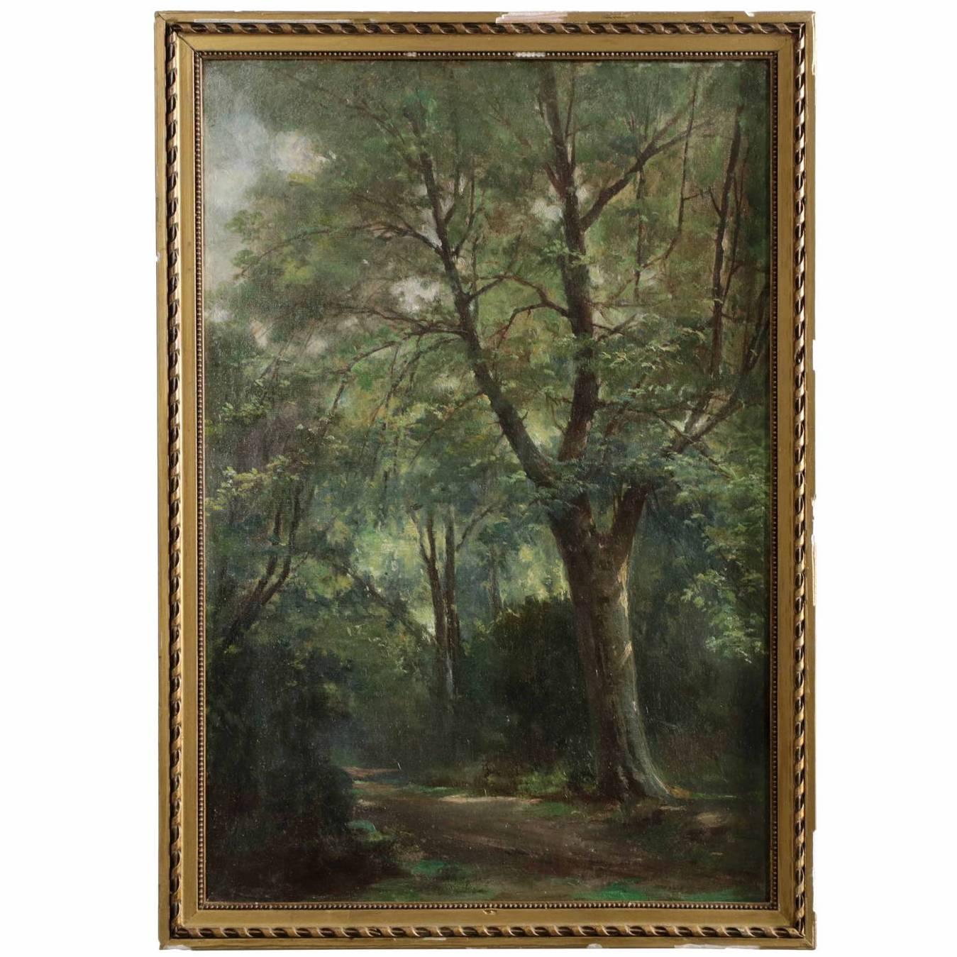 19th Century French Barbizon School Antique Painting of a Forest Scene