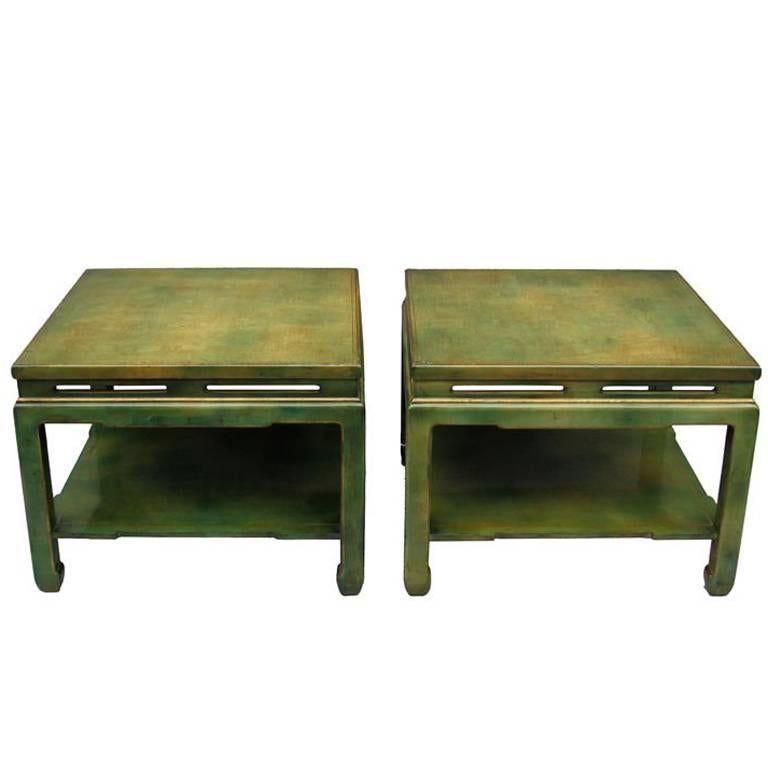 Pair of 1950 Square Green Lacquered Coffee Tables