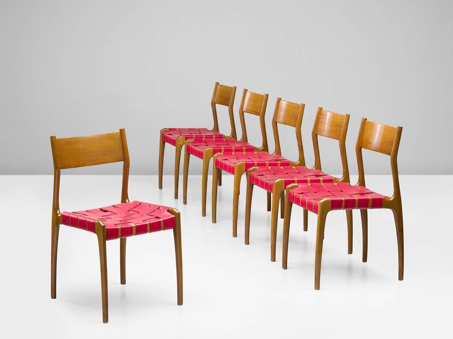 Set of six chairs, canvas and beach, Italy, 1950s.

This set of six chairs has a canvas webbing as its seat. The frame itself is executed in solid beech. Although these chairs appear to be straight and and minimalistic, the frame shows some organic,