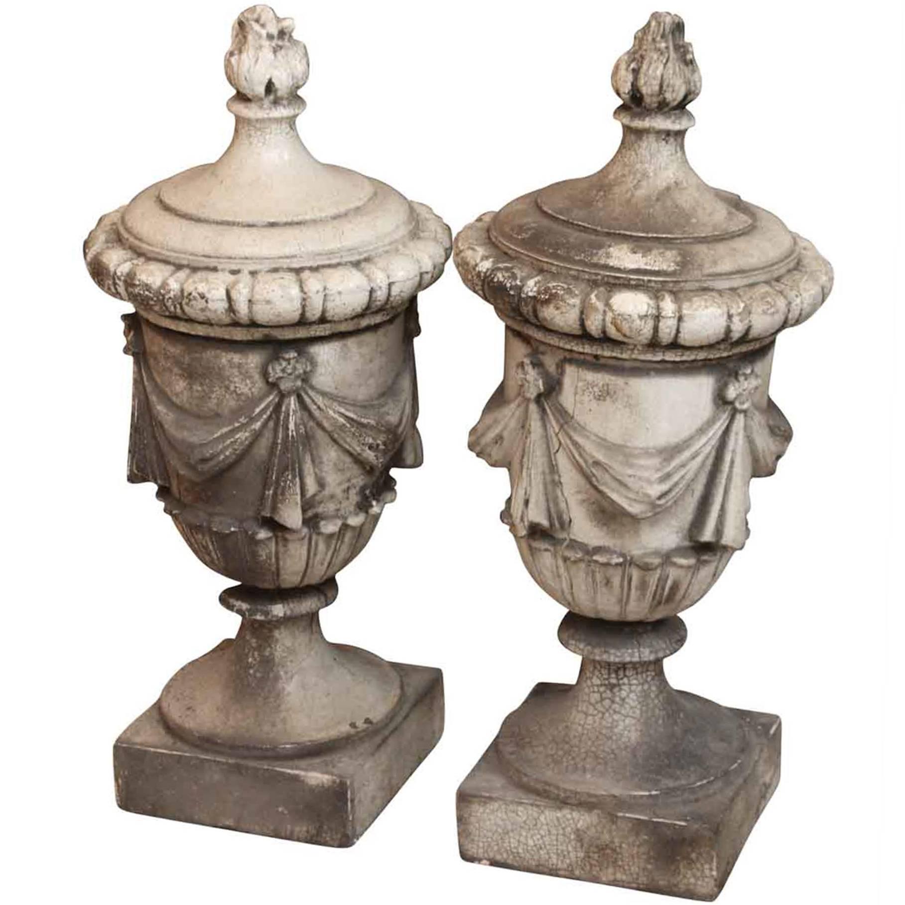1890s Pair of White Crackled Terracotta Urns with Swags