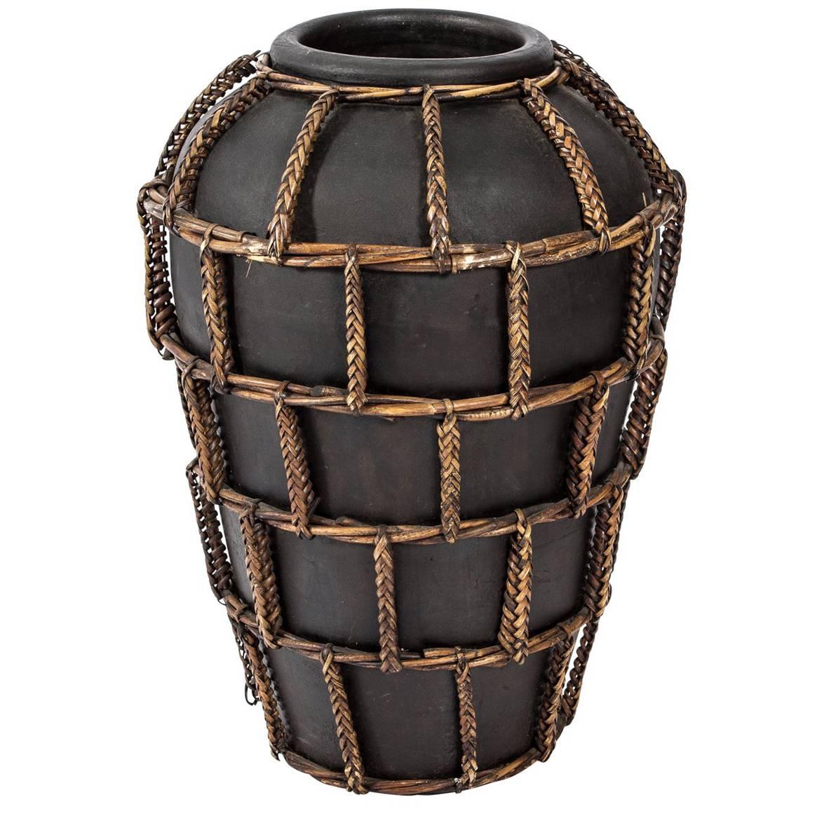 Terra Cotta Urn with Rattan Overlay