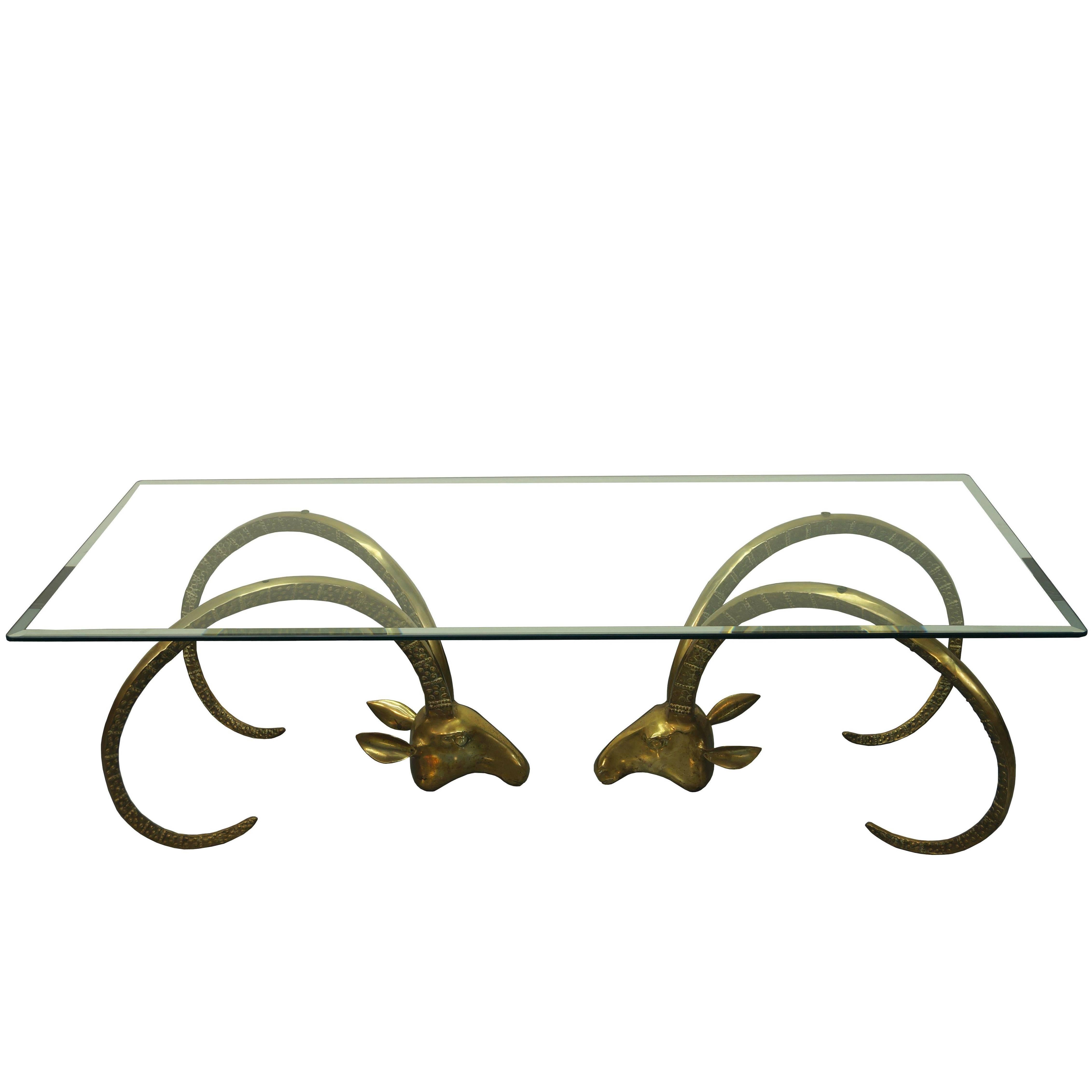 Ibex Sculptural Brass Rams Head Coffee Table in the Manner of Chervet For Sale