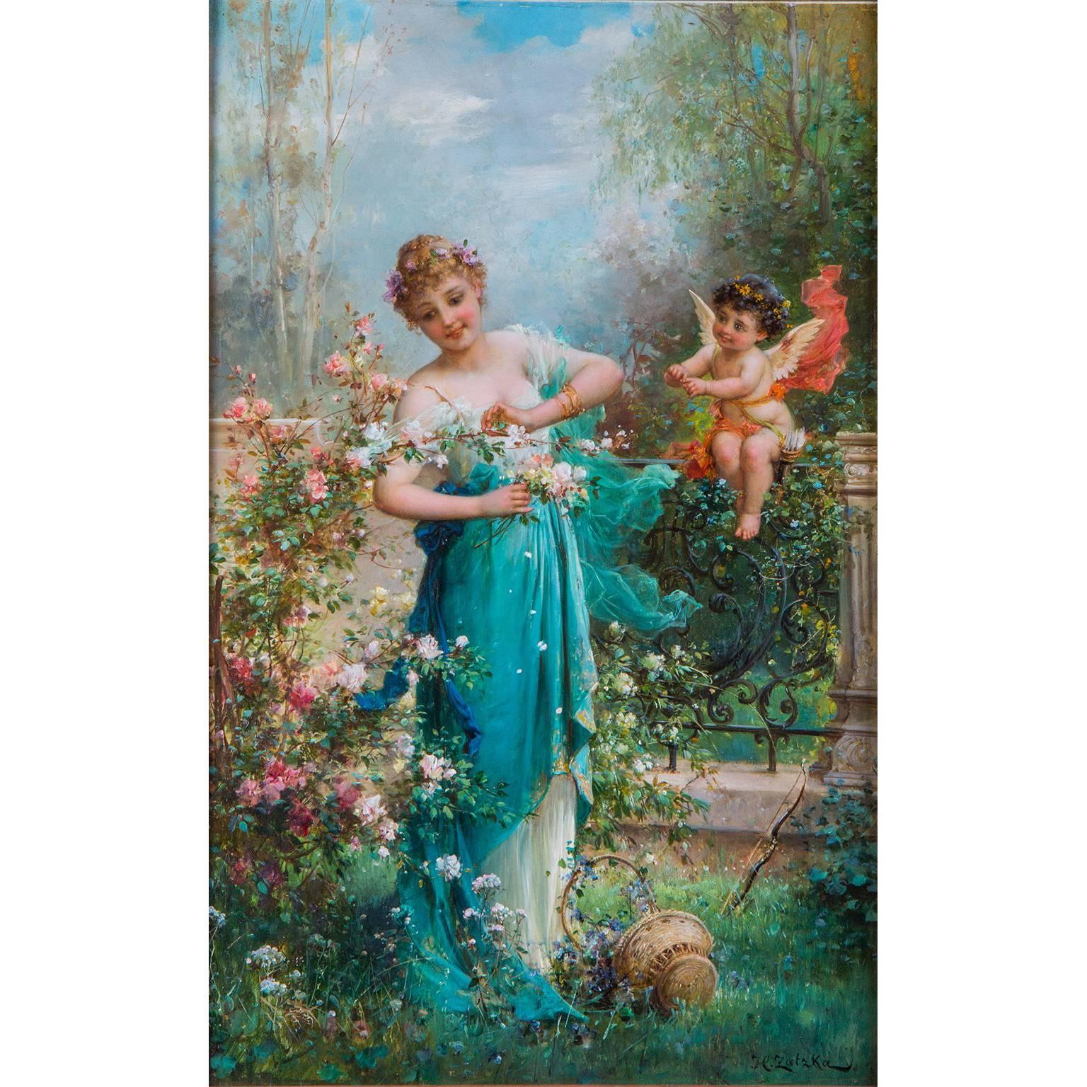 "In the Flower Garden with Cupid", Pair of Paintings by H. Zatzka, Austrian For Sale