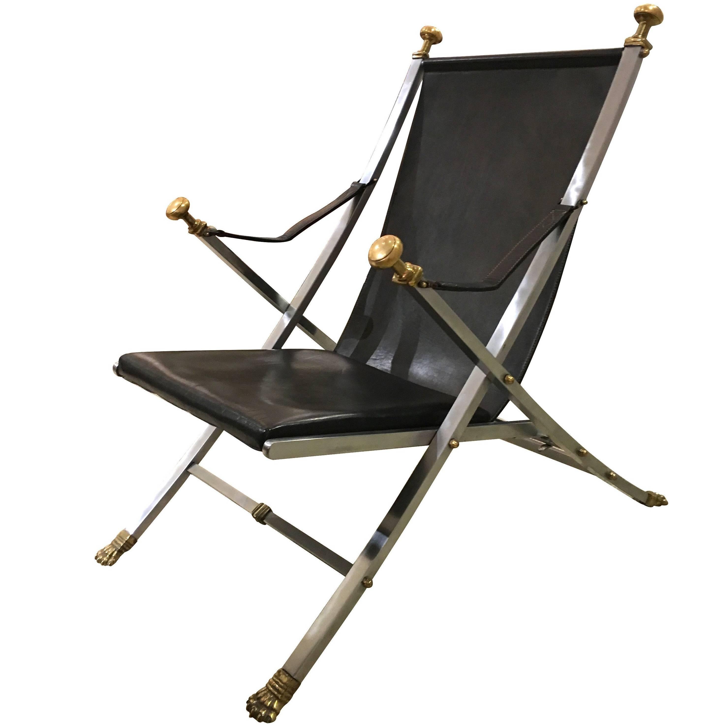 Chic 1960s Brushed Steel, Bronze and Leather Campaign Chair by Otto Parzinger For Sale