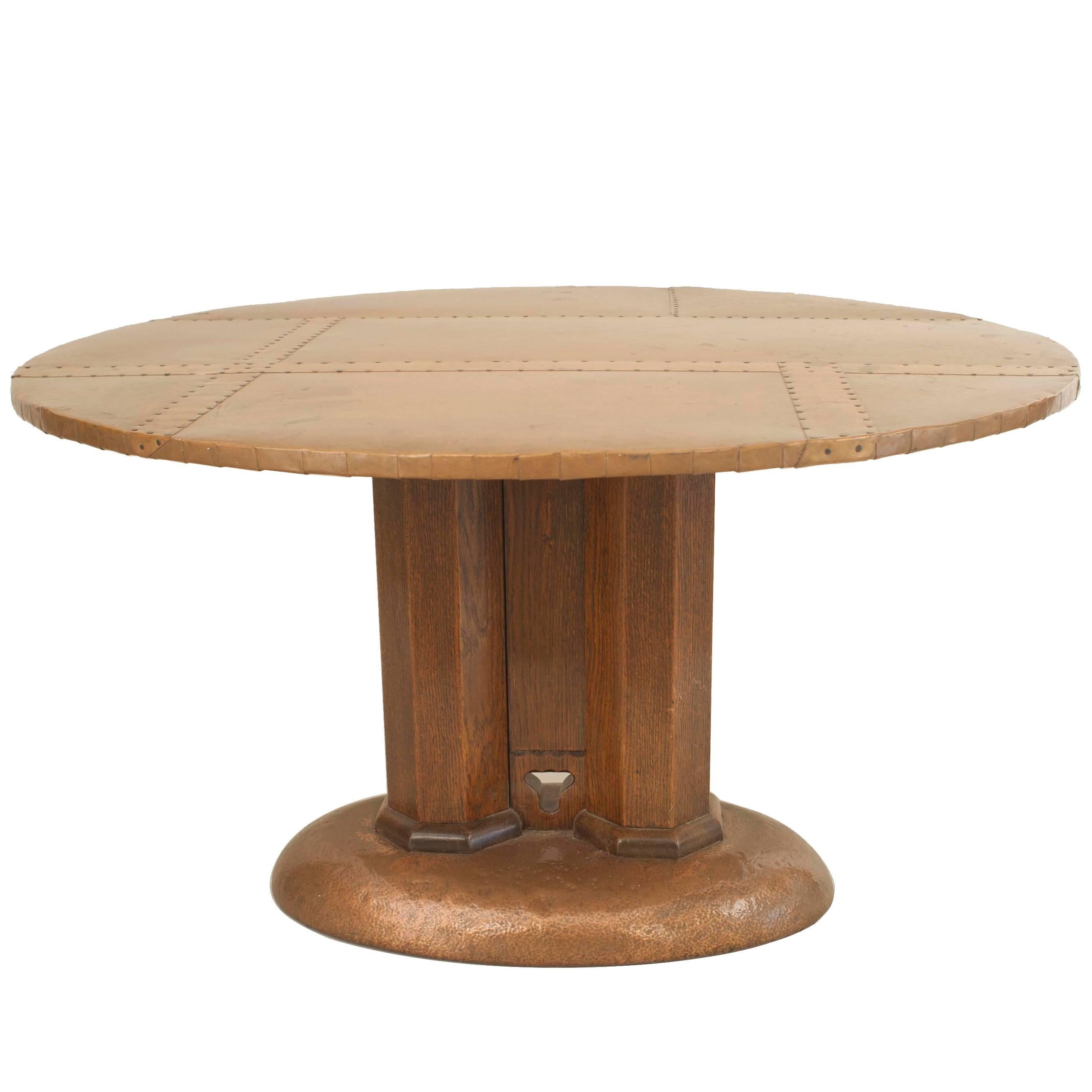 English Arts and Crafts Center Table with a Round Copper Top