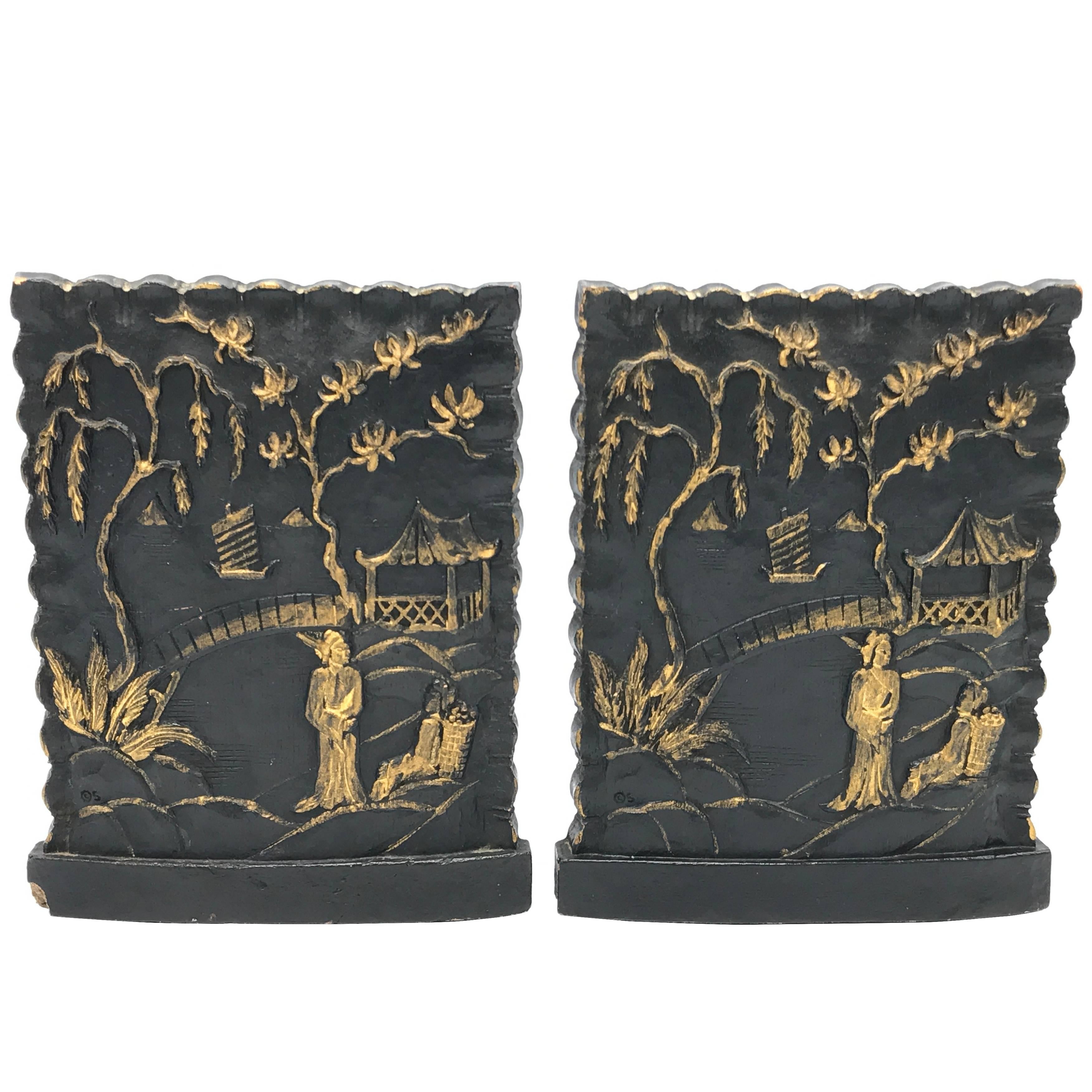 1920s Black and Gold Asian Bookends, Pair For Sale