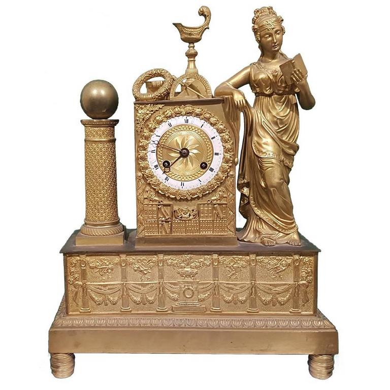 19th Century French GoldPlated Mantel Clock with Carved Wooden Gold