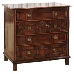 Antique English Chest, Dresser in Oak, Four Carved Drawers in Unique Design