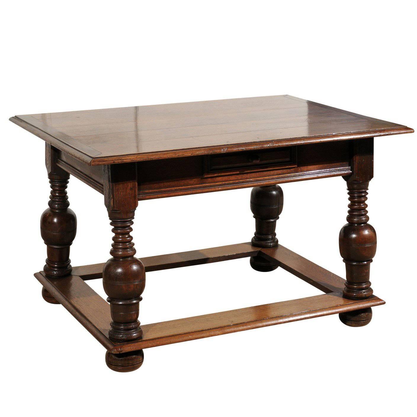 Oak Centre Table with Carved Legs and One Drawer For Sale