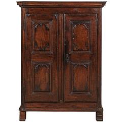 French Armoire in Oak, circa 1800 with Carved Doors and Two Interior Shelves