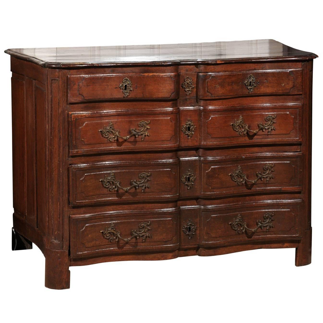 French Walnut Commode or Chest, Carved Drawers, Original Hardware, circa 1800 For Sale