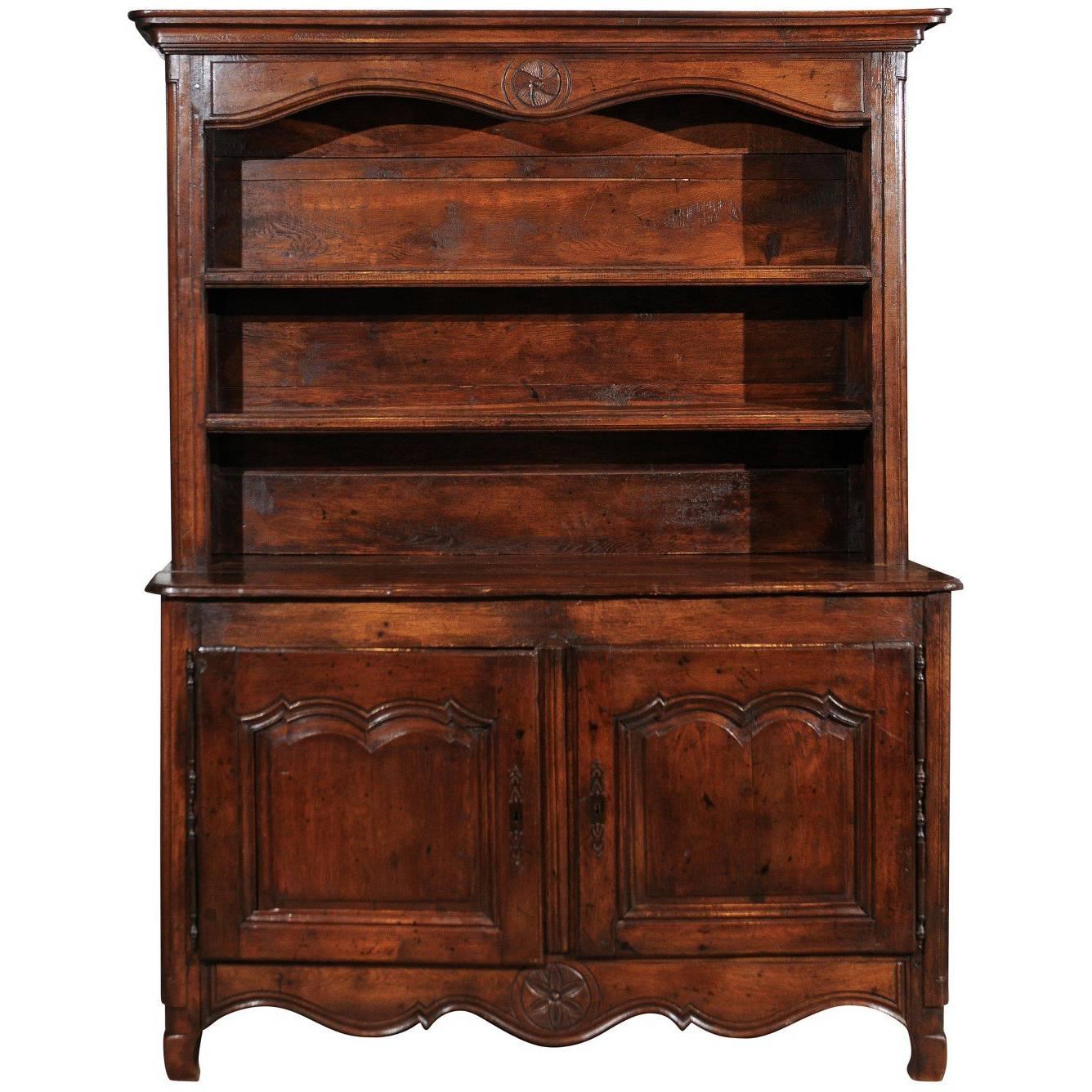 French Oak Buffet Vaisselier or Display Case with Carved Doors, Two Top Shelves For Sale
