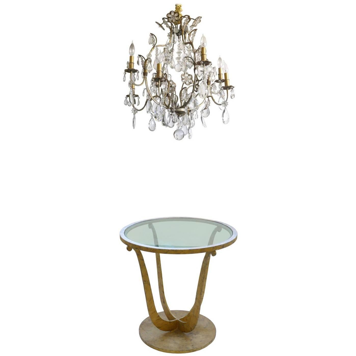 Art Deco Gilt Metal Round Gueridon Table with Hollywood Regency Chandelier For Sale