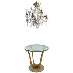 Art Deco Gilt Metal Round Gueridon Table with Hollywood Regency Chandelier