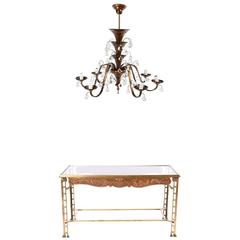 Art Deco Bronze Side Table with Art Deco Six-Arm Glass Ball Copper Chandelier