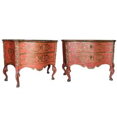 Pair of Venetian Coral Lacquer and Giltwood Baroque Commodes, circa 1750