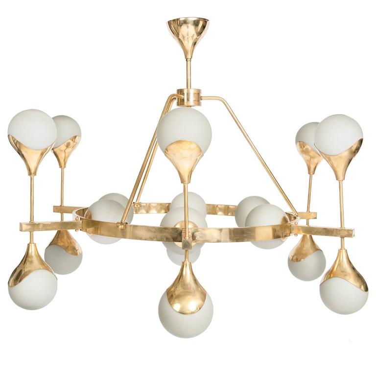 Italian MidCentury Murano Glass White Globe Chandelier with Brass