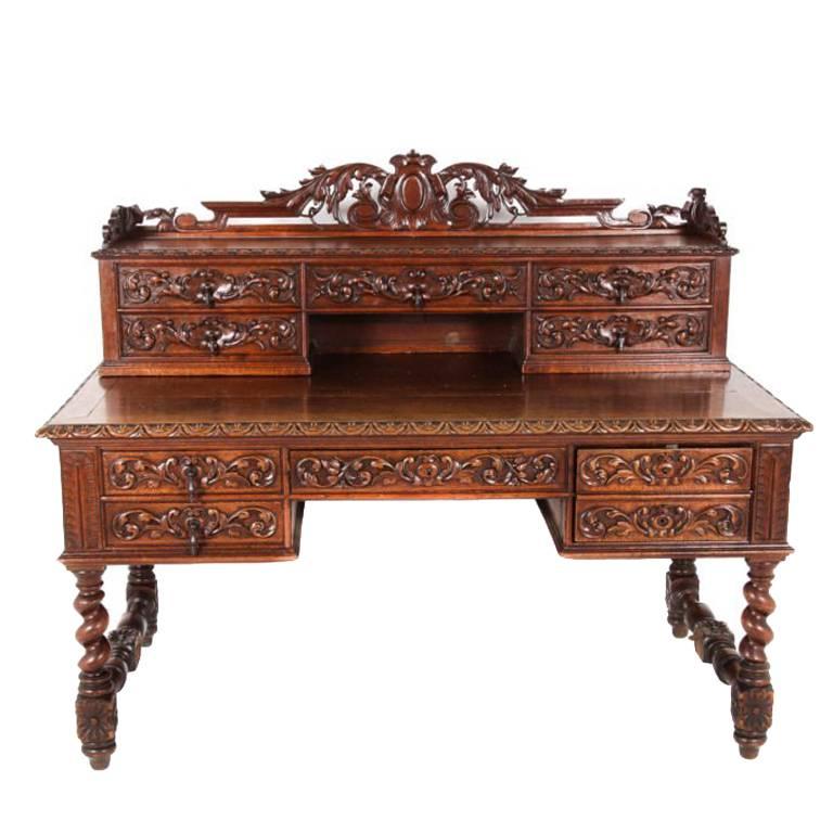 Antique French Victorian-Style Oak Desk with Turned Legs and Hand Carving C.1880