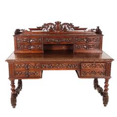 Antique French Victorian-Style Oak Desk with Turned Legs and Hand Carving C.1880