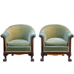 Antique Pair of Early 20th Century Carved Mahogany Tub Armchairs