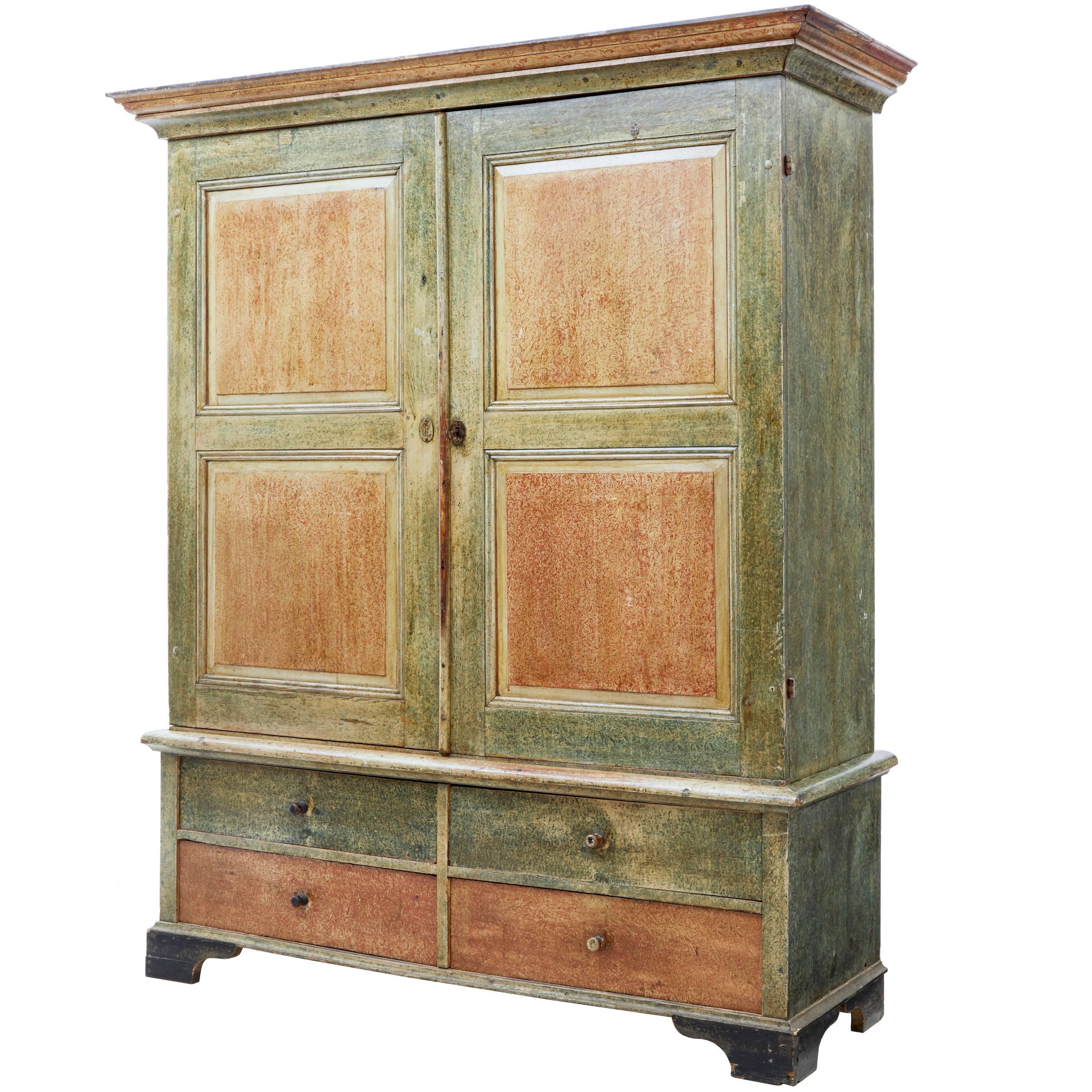 19th Century Rustic Swedish Pine Ragwork Painted Cabinet on Chest