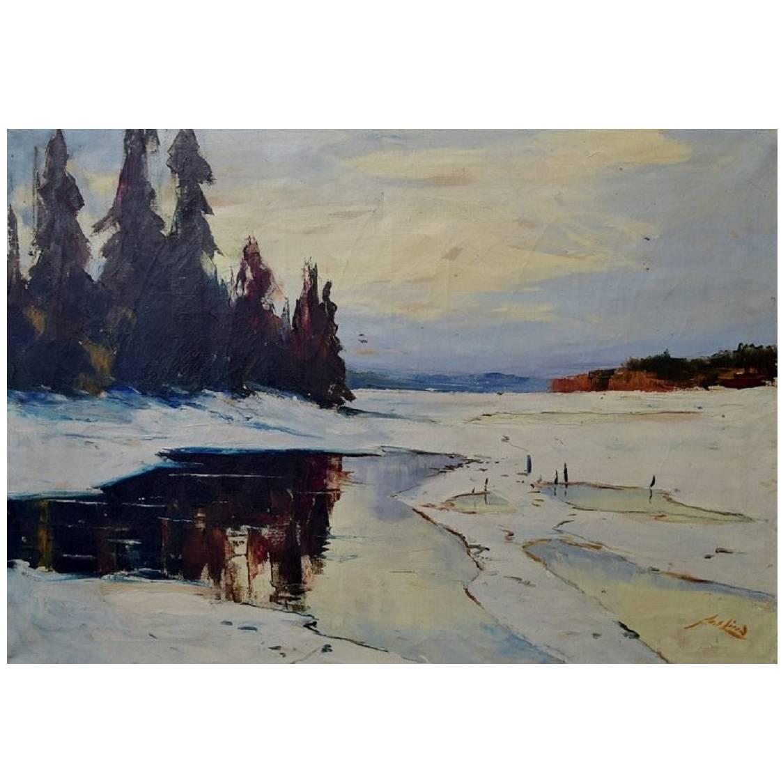 Axel Lind Winter Landscape with Forest, Oil on Canvas