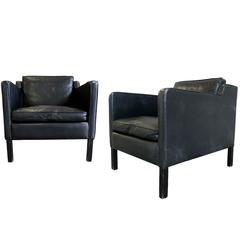 Stouby Black Leather Club Chairs in the Style of Børge Mogensen