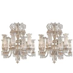 Pair of Bohemian Hand Etched Cut-Glass 24-Karat Gold Plate Chandeliers