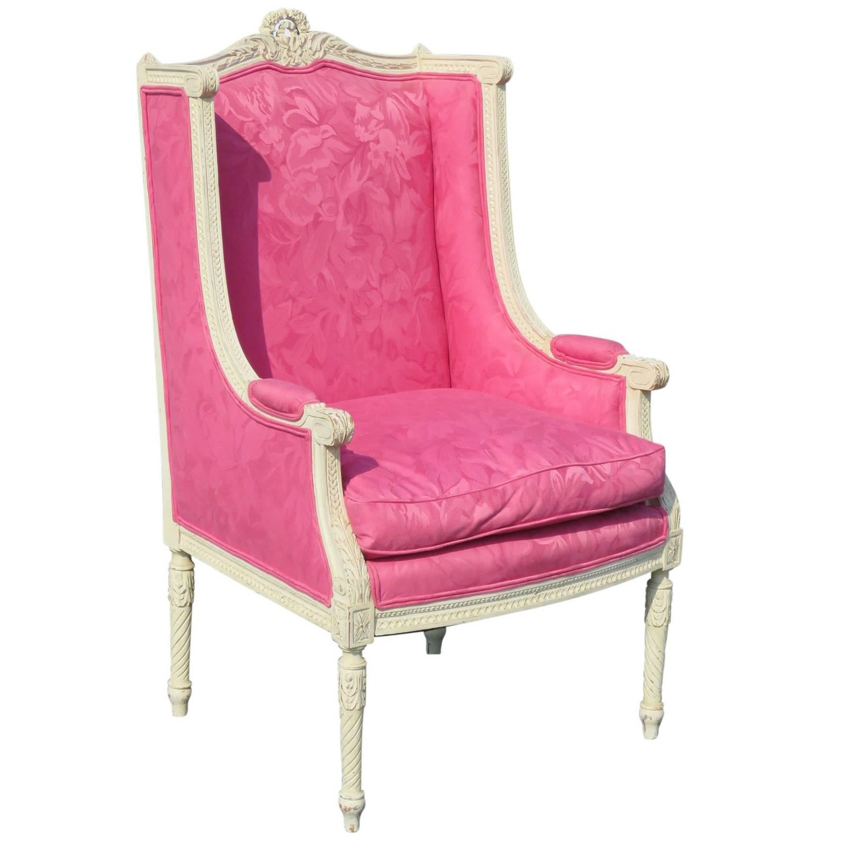 Louis XVI Style Distressed Painted Carved Wing Chair