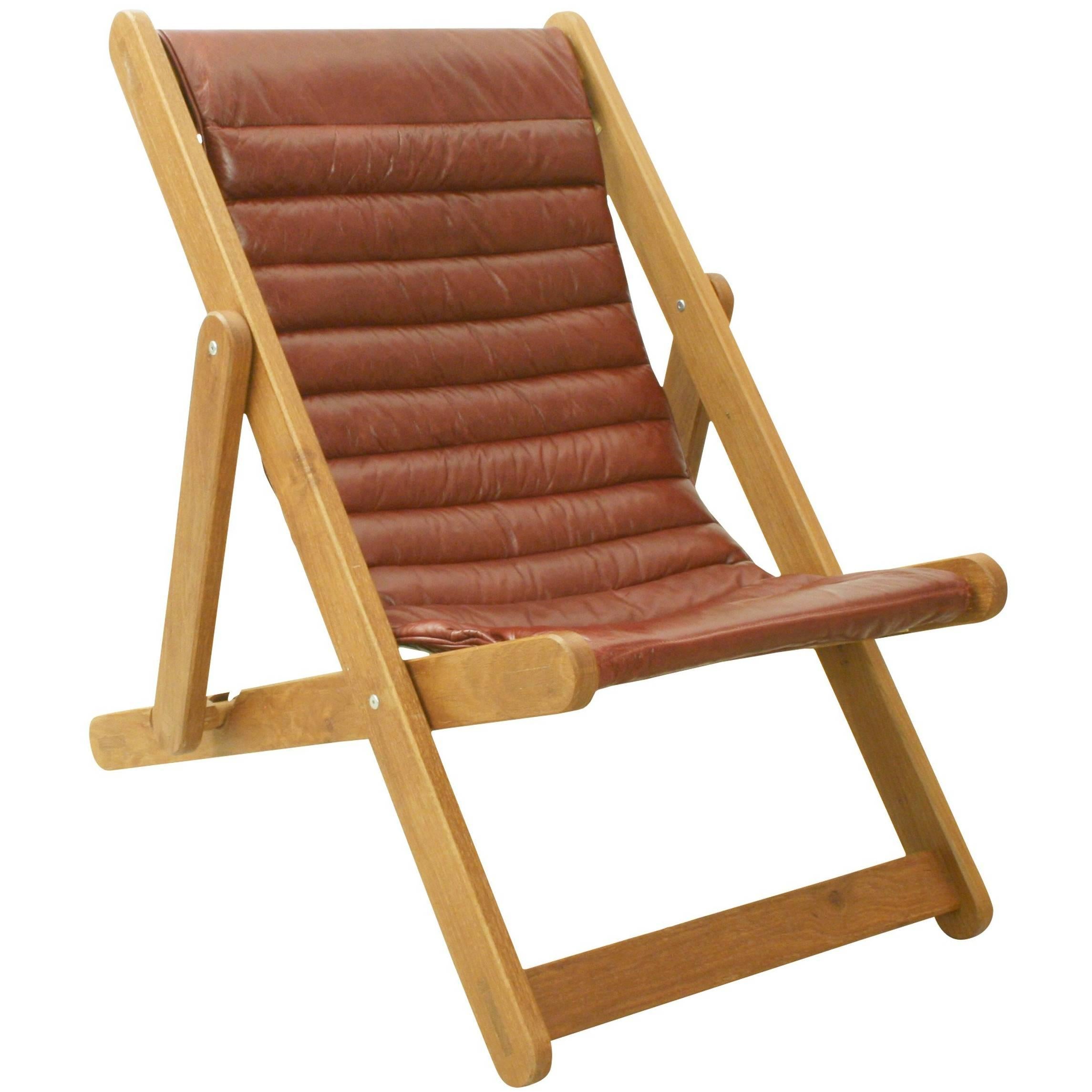 Modern Leather and Oak Deck Chair