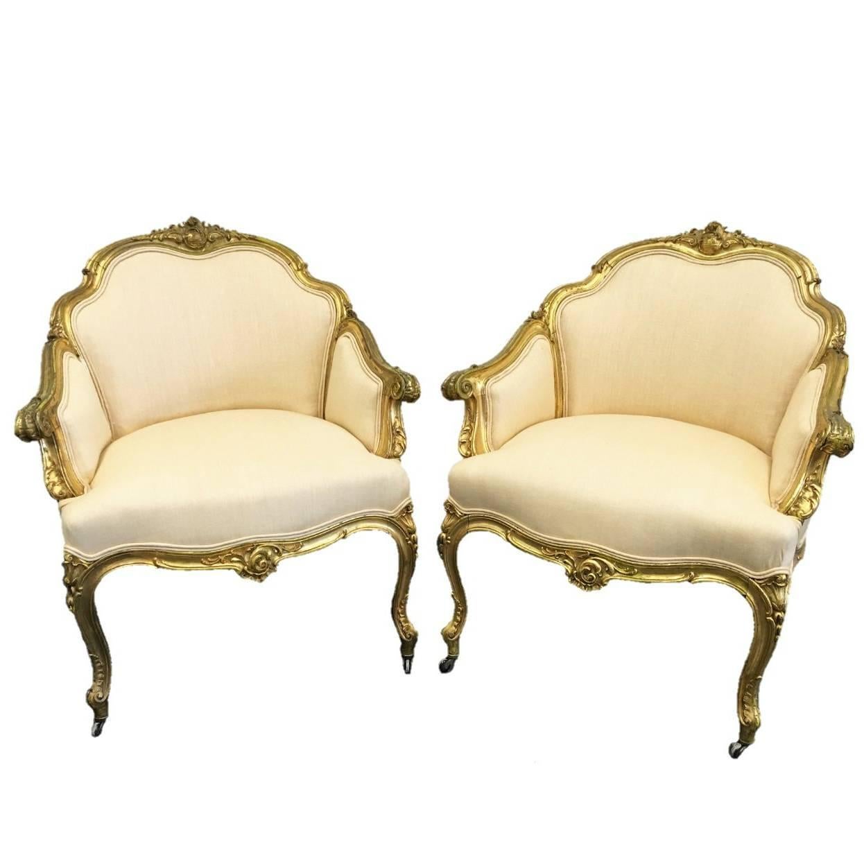 Pair of 19th Century Louis XV Giltwood Bergères For Sale