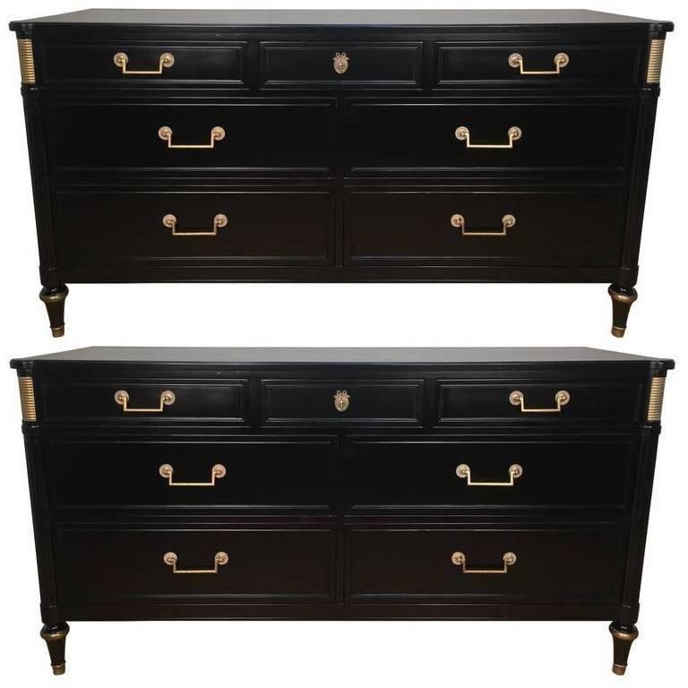 Pair French Directoire Style Ebonized Commodes by Maison Jansen For Sale