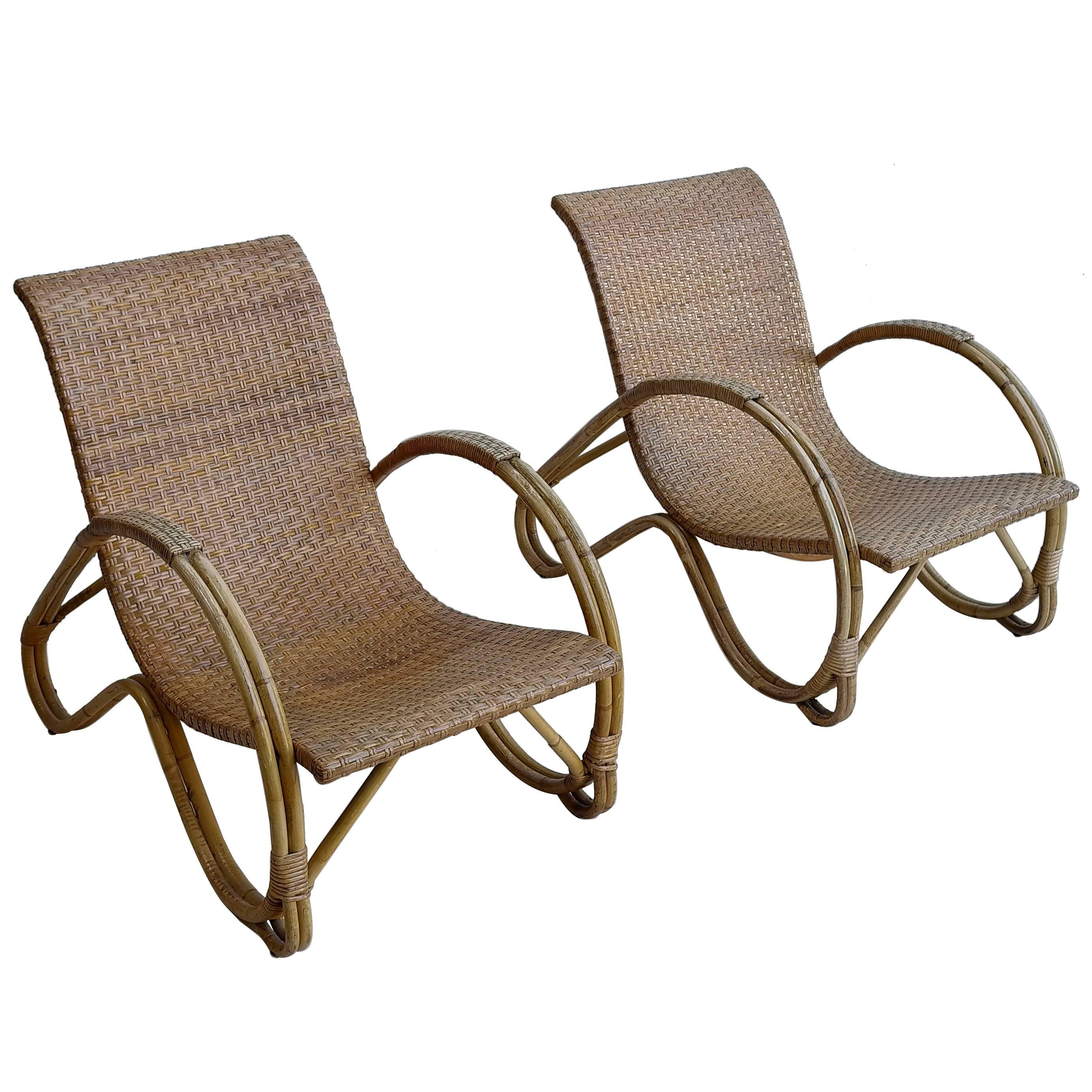 Pair of Mid-Century Monumental Woven Armchairs in Rattan For Sale