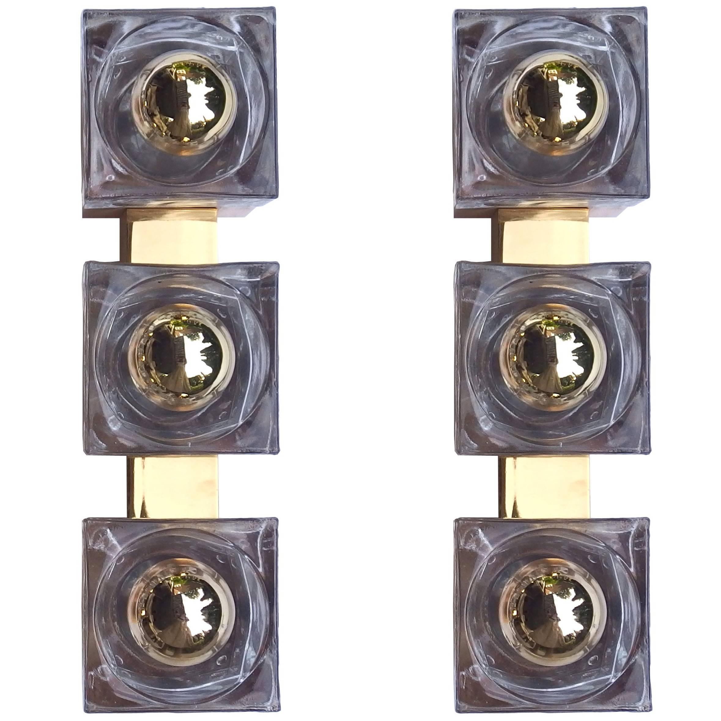 Cube Wall Lights Brass and Glass For Sale