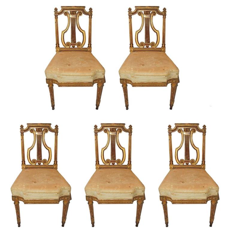 Wonderful Set Of Five French Gold Gilt Carved Harp Lyre Back Regency Side Chairs
