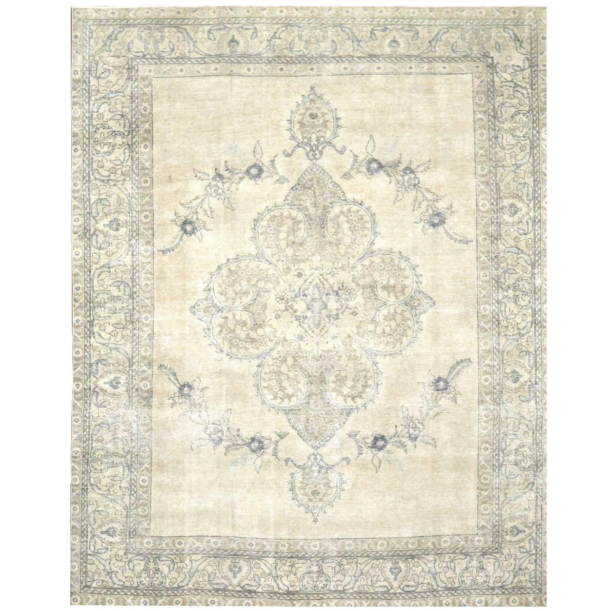 Large Distressed Hand-Knotted Persian Tabriz Rug