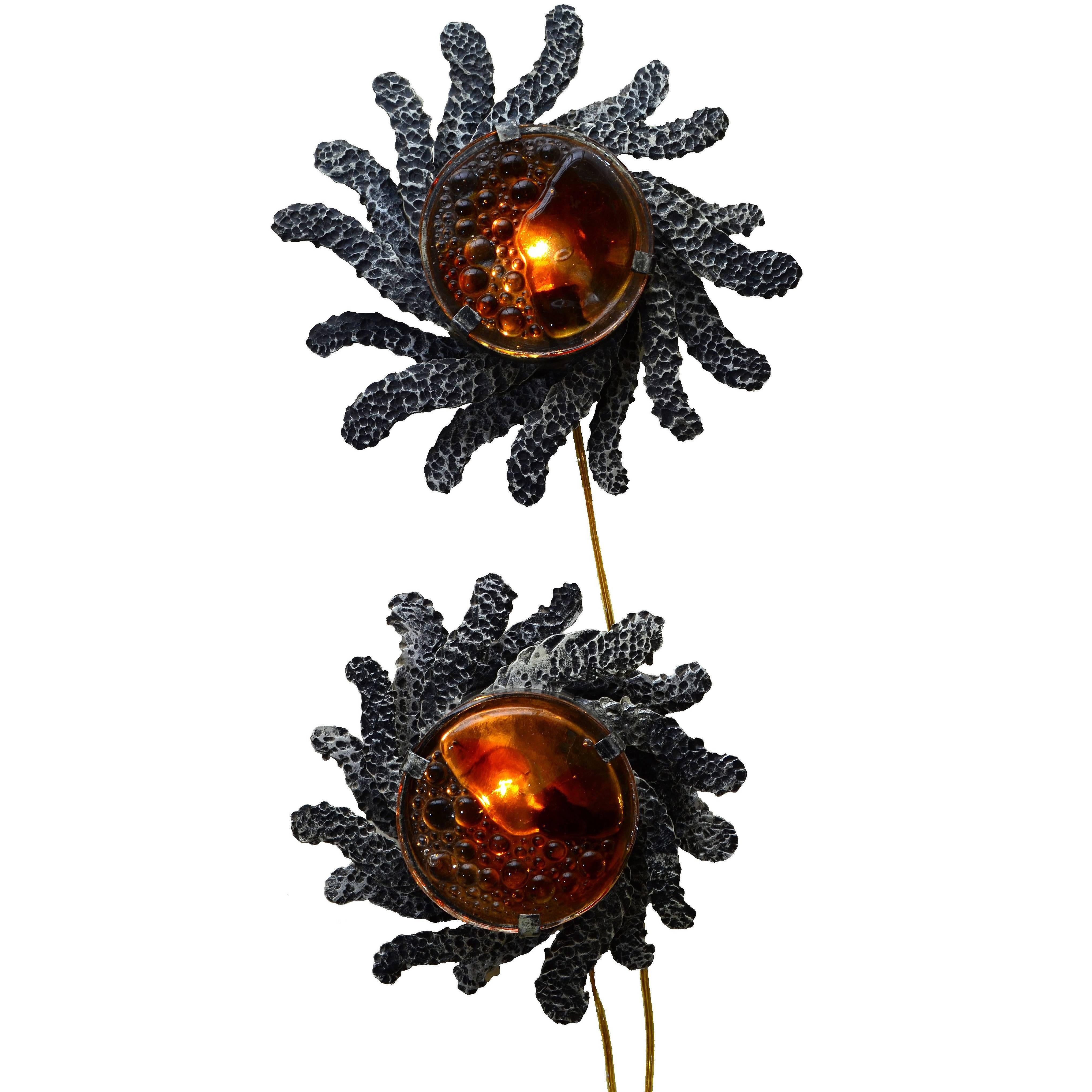 Italian Brutalist Style Sunburst Wrought Iron Murano Glass Sconces Mazzega For Sale