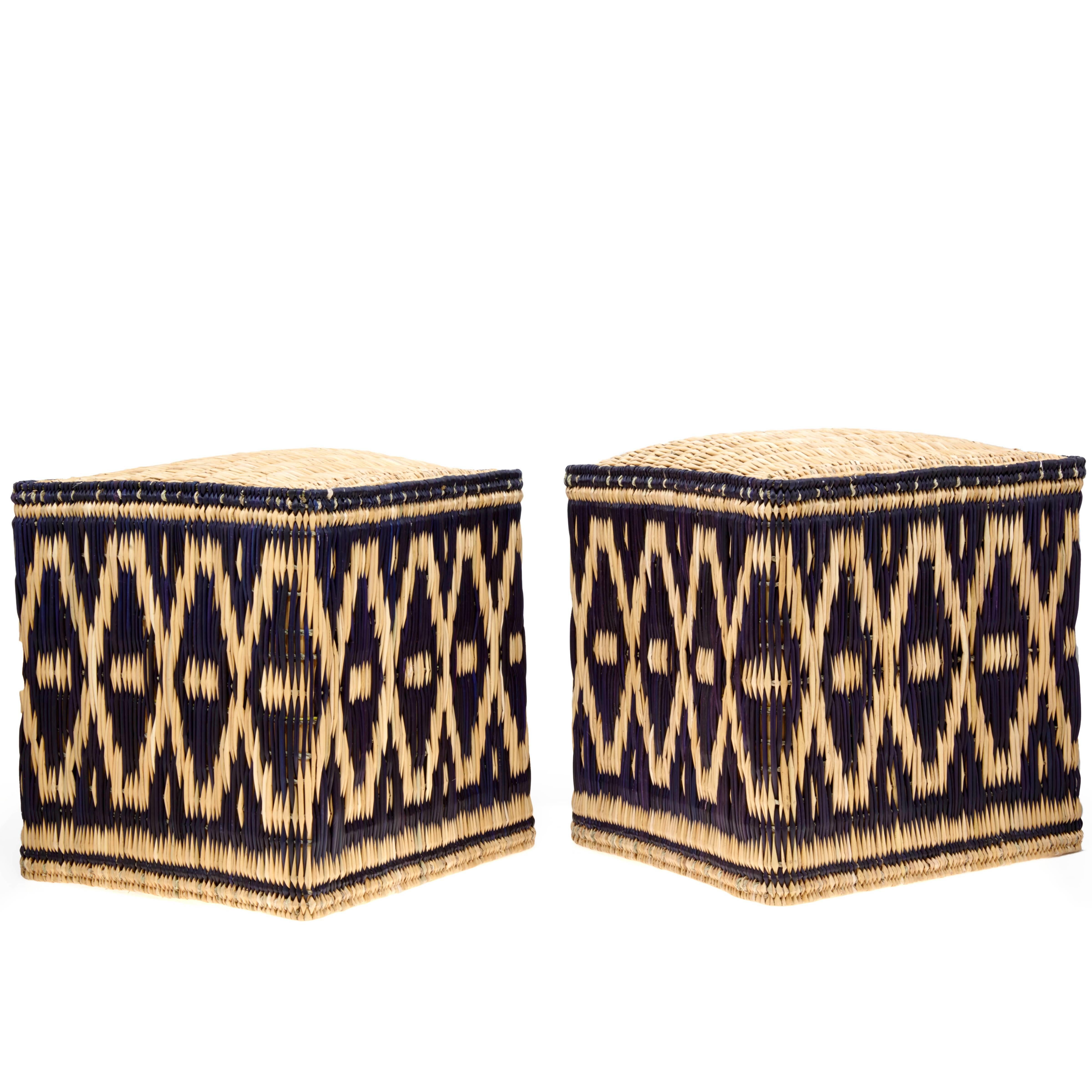 Pair of Moroccan Wicker Stools with Black Decorations, Set of two For Sale